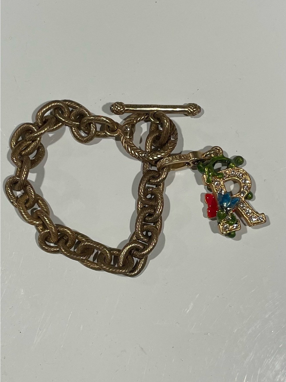 Jay Strongwater Gold-Tone Bracelet with Multicolor Enamel 'R' Charm
